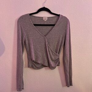 Pink Rose Gray Ribbed Wrap Blouse